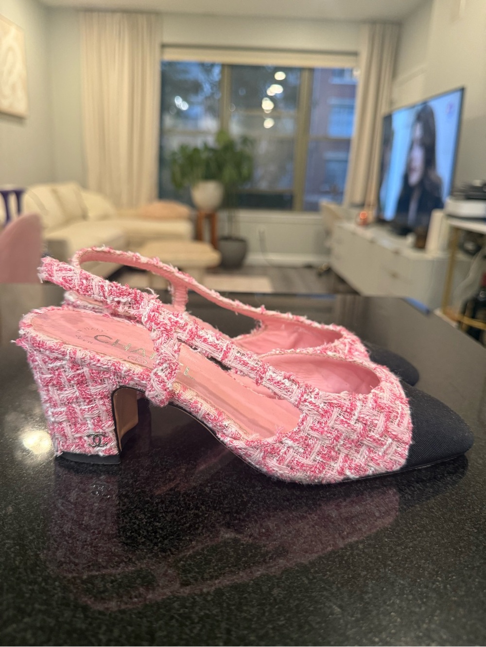 CHANEL Pink Tweed Slingback Pumps with Black Cap Toe
